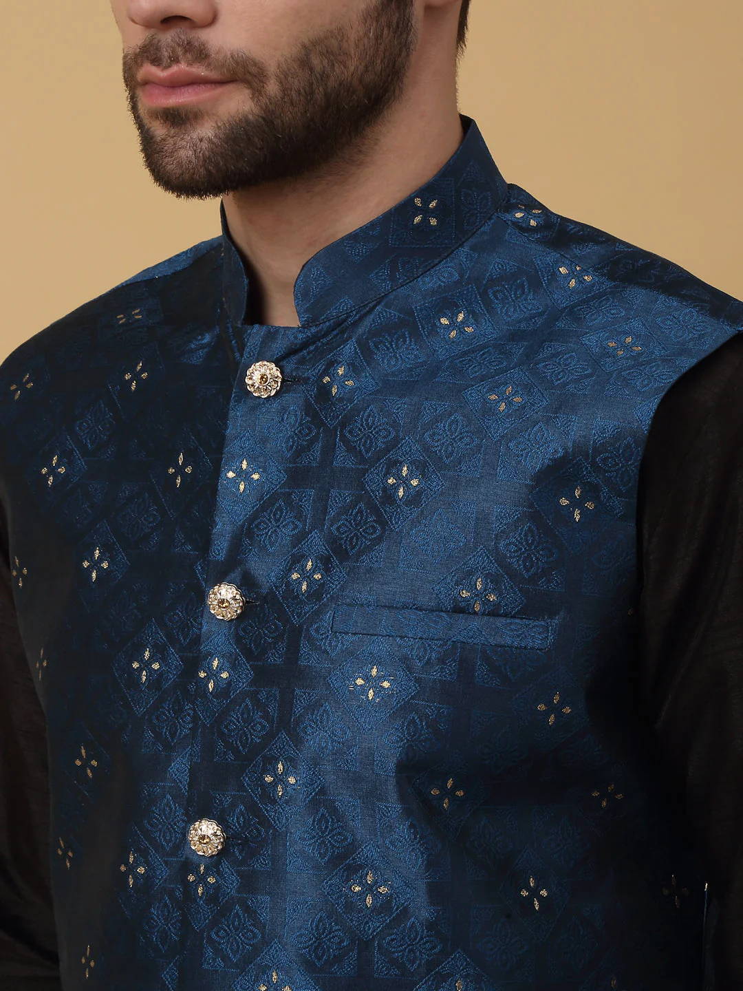 KRAFT INDIA Men's Silk Blend Black Kurta, Churidar with Jacquard Silk Blend Floral Nehru Jacket Set - Image 3