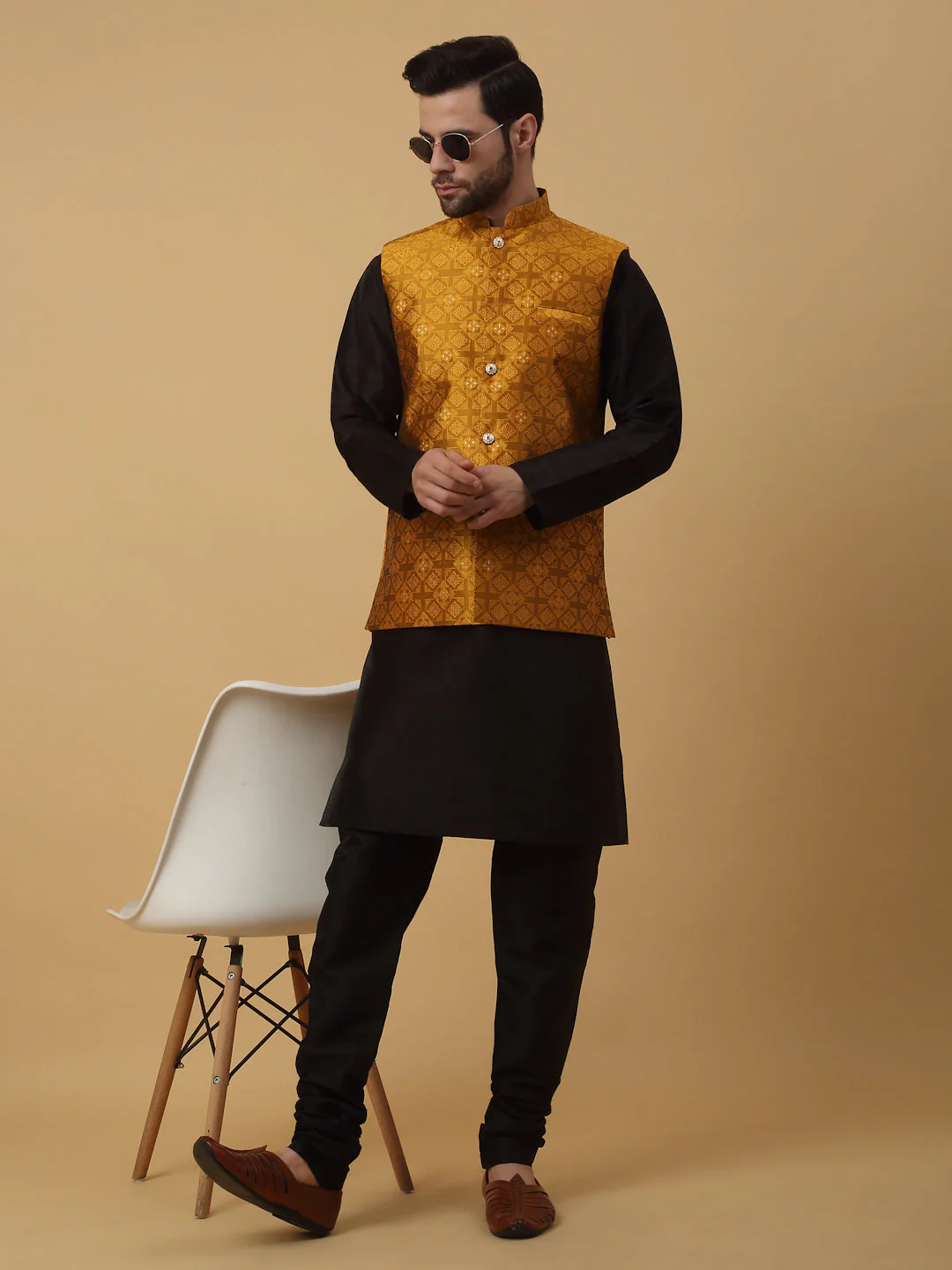 KRAFT INDIA Men's Silk Blend Black Kurta, Churidar with Jacquard Silk Blend Floral Nehru Jacket Set - Image 68