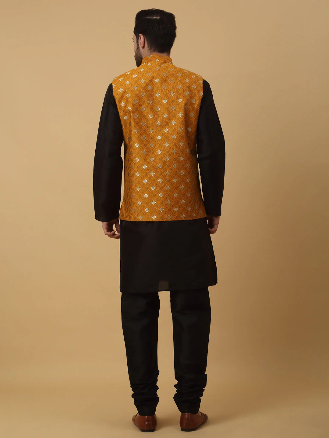 KRAFT INDIA Men's Silk Blend Black Kurta, Churidar with Jacquard Silk Blend Floral Print Nehru Jacket Set - Image 10