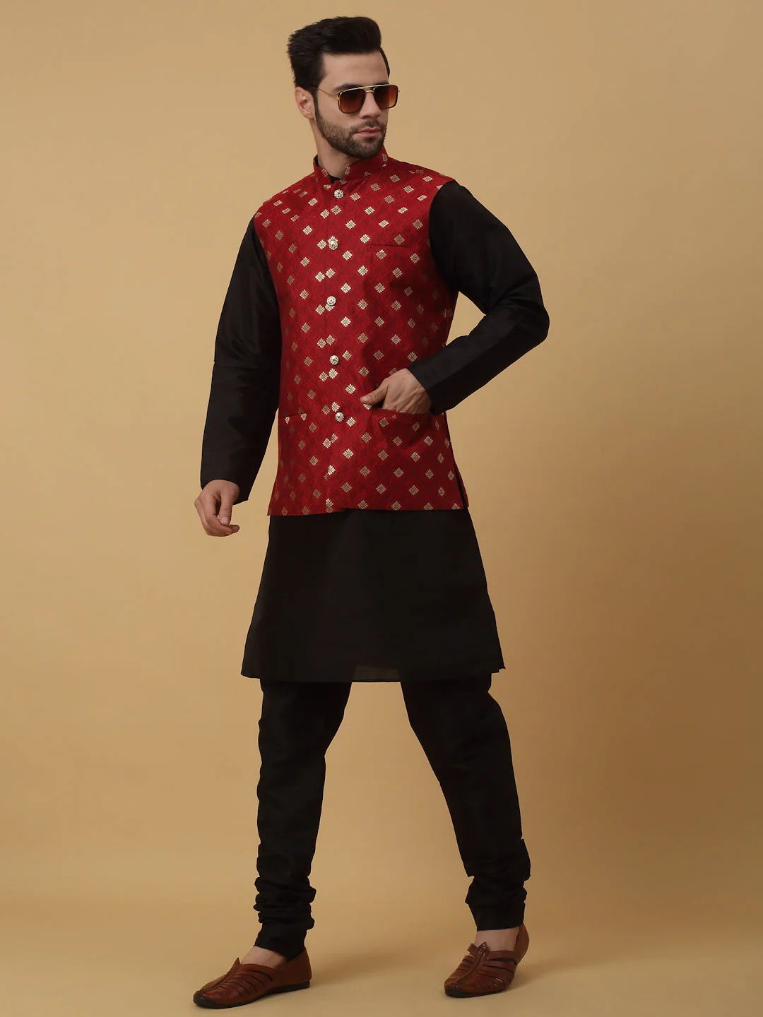 KRAFT INDIA Men's Silk Blend Black Kurta, Churidar with Jacquard Silk Blend Floral Print Nehru Jacket Set - Image 110