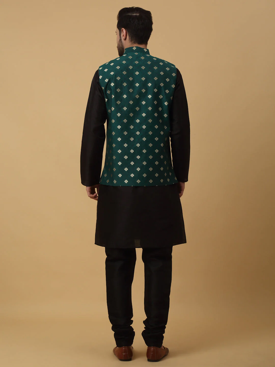 KRAFT INDIA Men's Silk Blend Black Kurta, Churidar with Jacquard Silk Blend Floral Print Nehru Jacket Set - Image 2