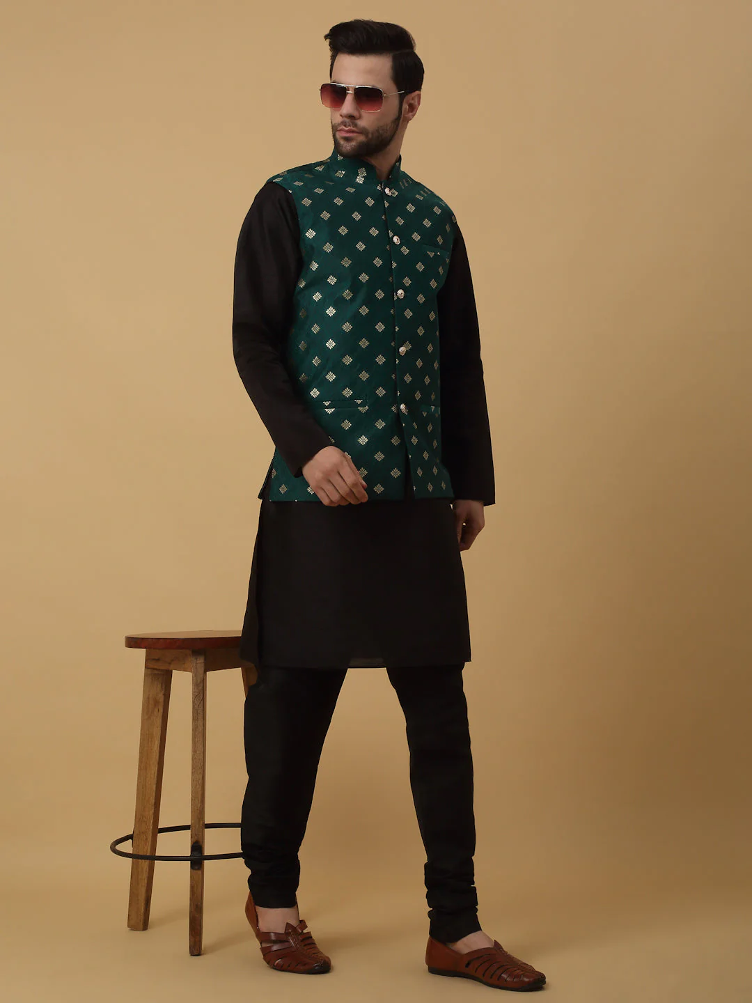KRAFT INDIA Men's Silk Blend Black Kurta, Churidar with Jacquard Silk Blend Floral Print Nehru Jacket Set - Image 29