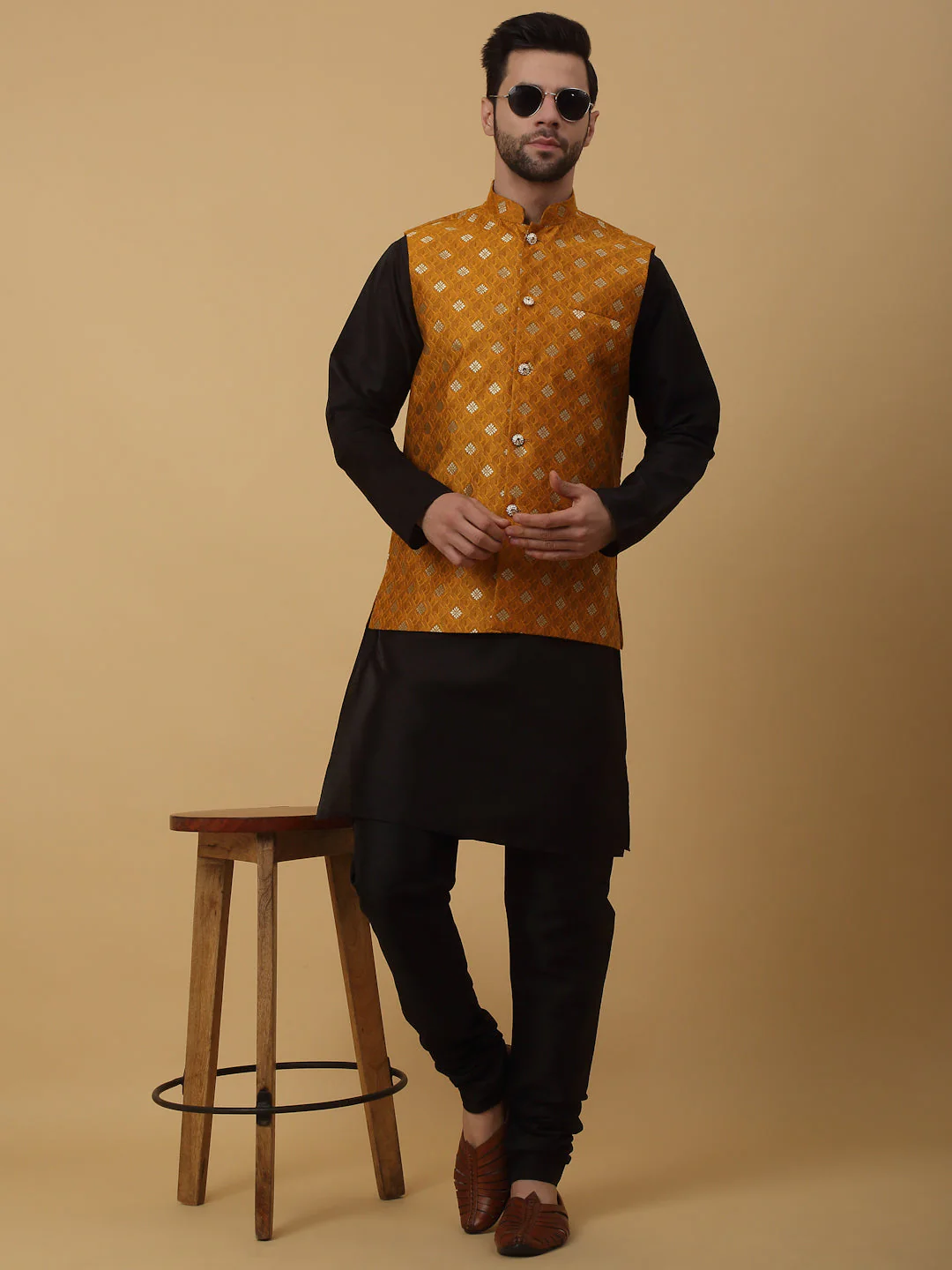 KRAFT INDIA Men's Silk Blend Black Kurta, Churidar with Jacquard Silk Blend Floral Print Nehru Jacket Set - Image 46
