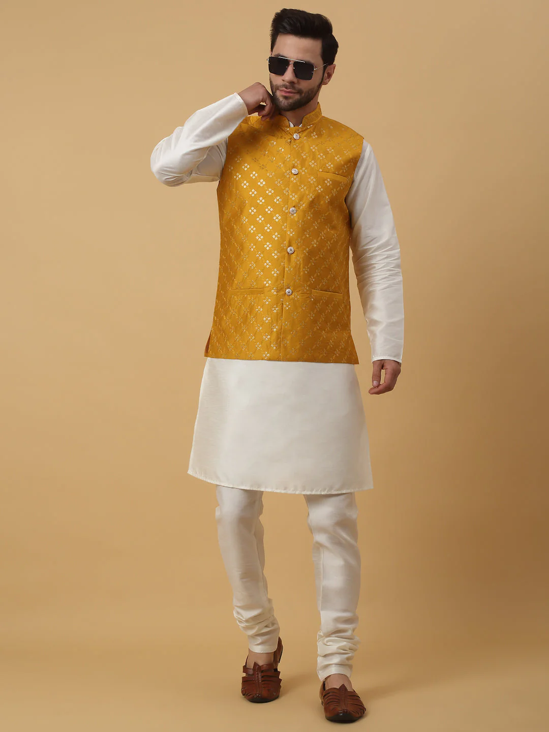 KRAFT INDIA Men's Silk Blend Cream Kurta, Churidar with Cotton Silk Embroided Sequenced Nehru Jacket Set - Image 106