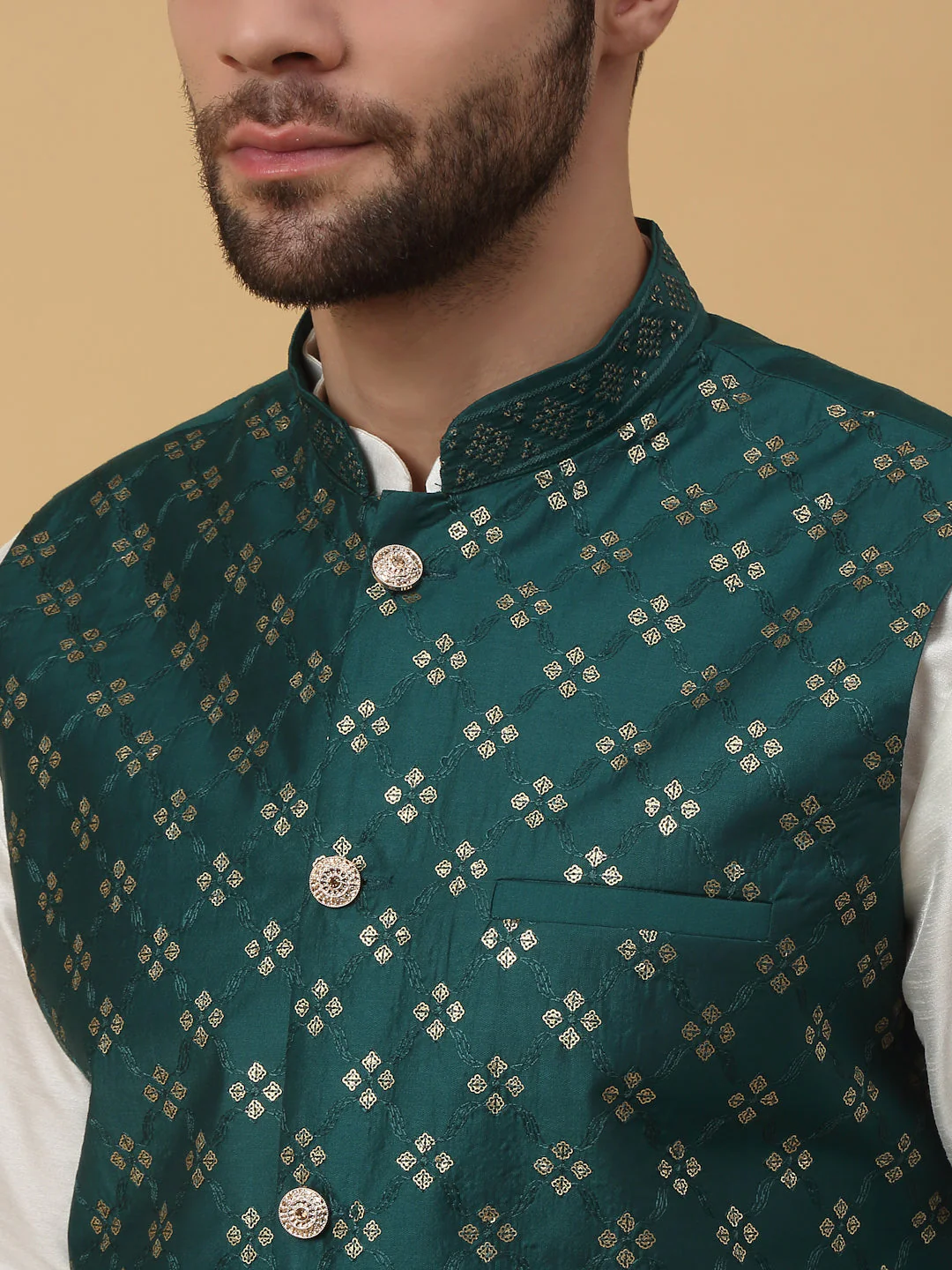 KRAFT INDIA Men's Silk Blend Cream Kurta, Churidar with Cotton Silk Embroided Sequenced Nehru Jacket Set - Image 13