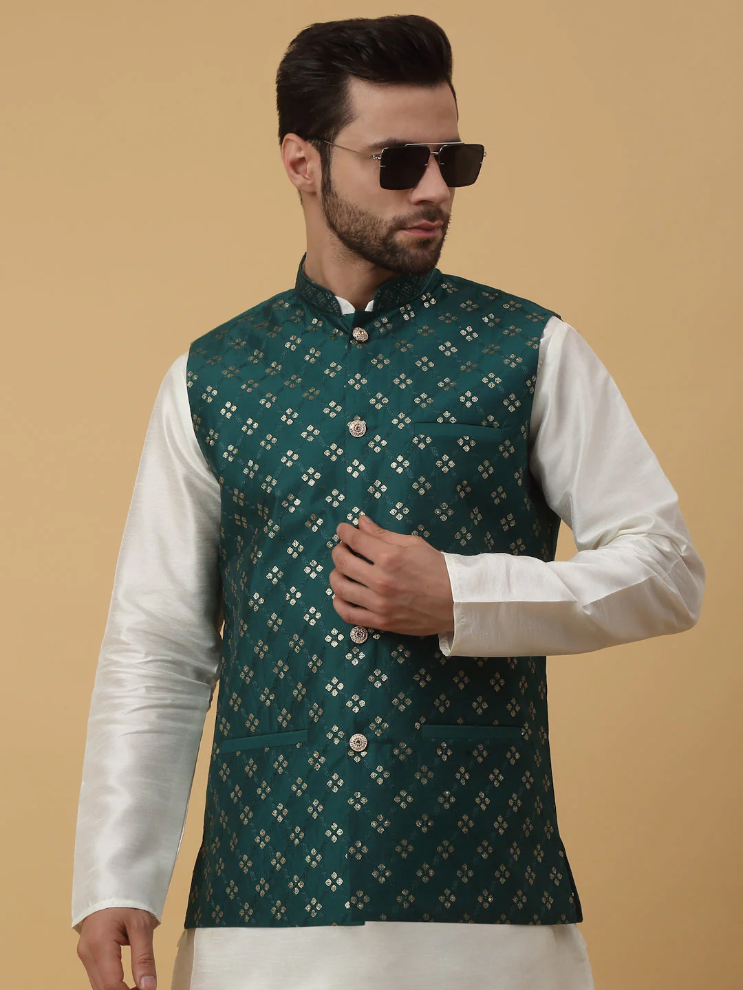 KRAFT INDIA Men's Silk Blend Cream Kurta, Churidar with Cotton Silk Embroided Sequenced Nehru Jacket Set - Image 15