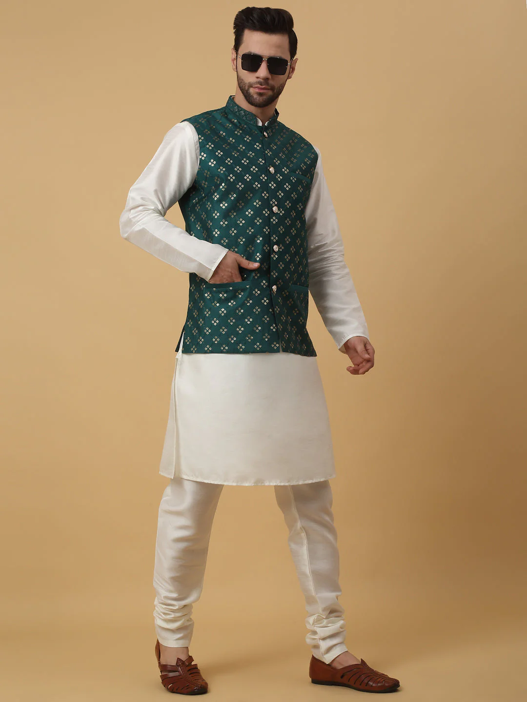 KRAFT INDIA Men's Silk Blend Cream Kurta, Churidar with Cotton Silk Embroided Sequenced Nehru Jacket Set - Image 159