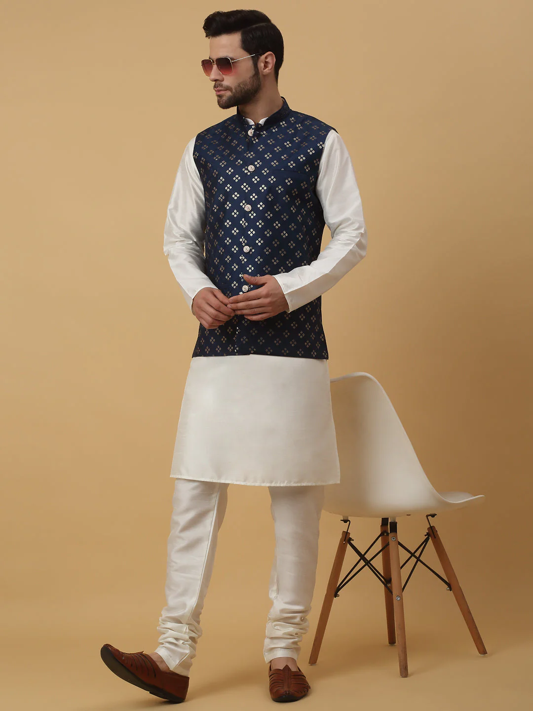 KRAFT INDIA Men's Silk Blend Cream Kurta, Churidar with Cotton Silk Embroided Sequenced Nehru Jacket Set - Image 185