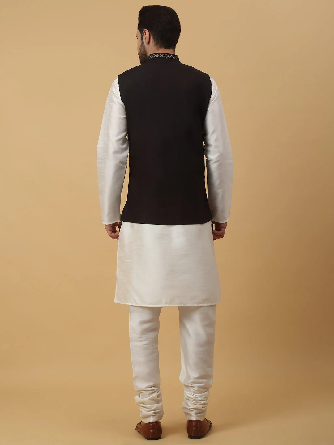 KRAFT INDIA Men's Silk Blend Cream Kurta, Churidar with Cotton Silk Embroided Sequenced Nehru Jacket Set - Image 2