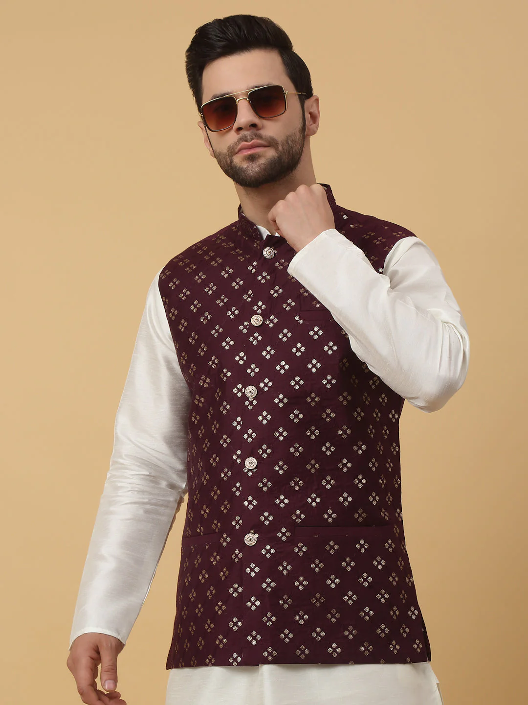 KRAFT INDIA Men's Silk Blend Cream Kurta, Churidar with Cotton Silk Embroided Sequenced Nehru Jacket Set - Image 25