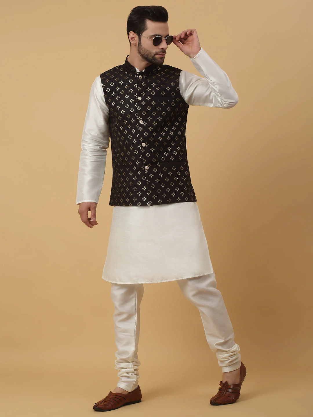 KRAFT INDIA Men's Silk Blend Cream Kurta, Churidar with Cotton Silk Embroided Sequenced Nehru Jacket Set - Image 55