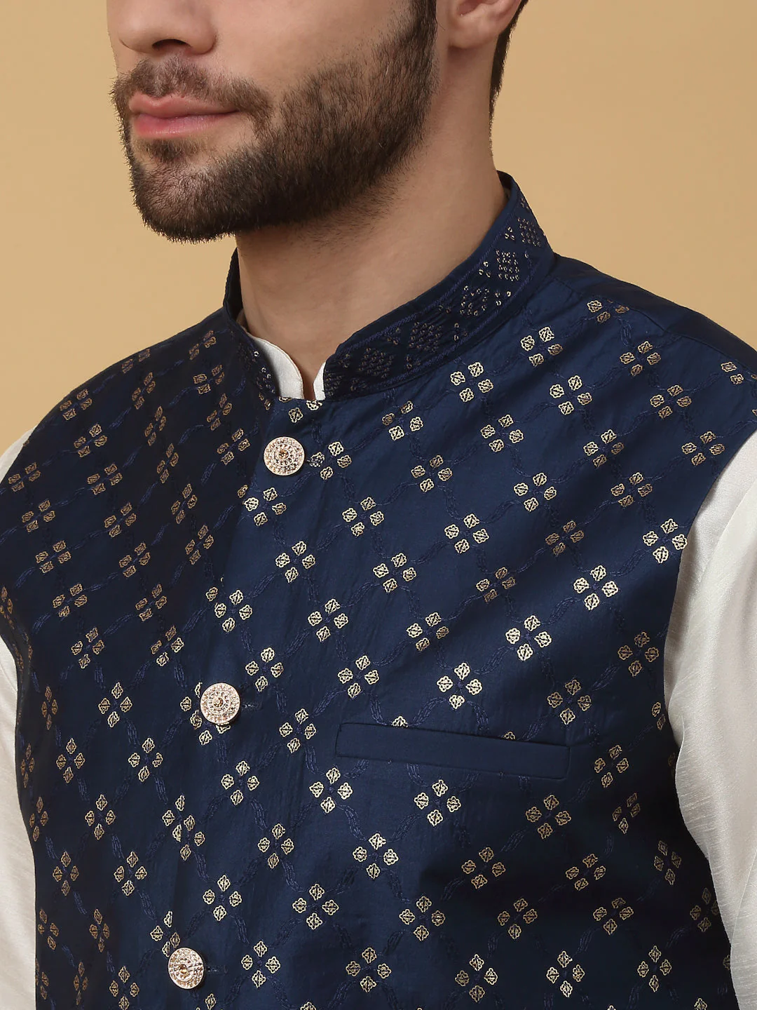 KRAFT INDIA Men's Silk Blend Cream Kurta, Churidar with Cotton Silk Embroided Sequenced Nehru Jacket Set - Image 8
