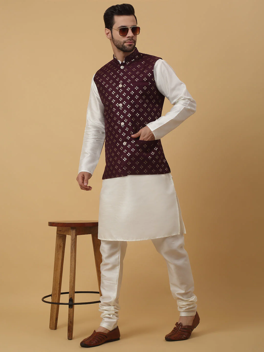 KRAFT INDIA Men's Silk Blend Cream Kurta, Churidar with Cotton Silk Embroided Sequenced Nehru Jacket Set - Image 98