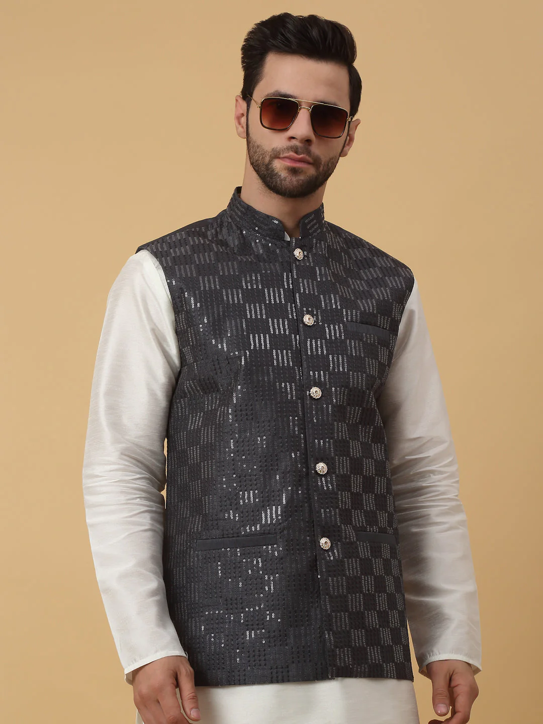 KRAFT INDIA Men's Silk Blend Cream Kurta, Churidar with Cotton Silk Sequenced Embroided Nehru Jacket Set - Image 10