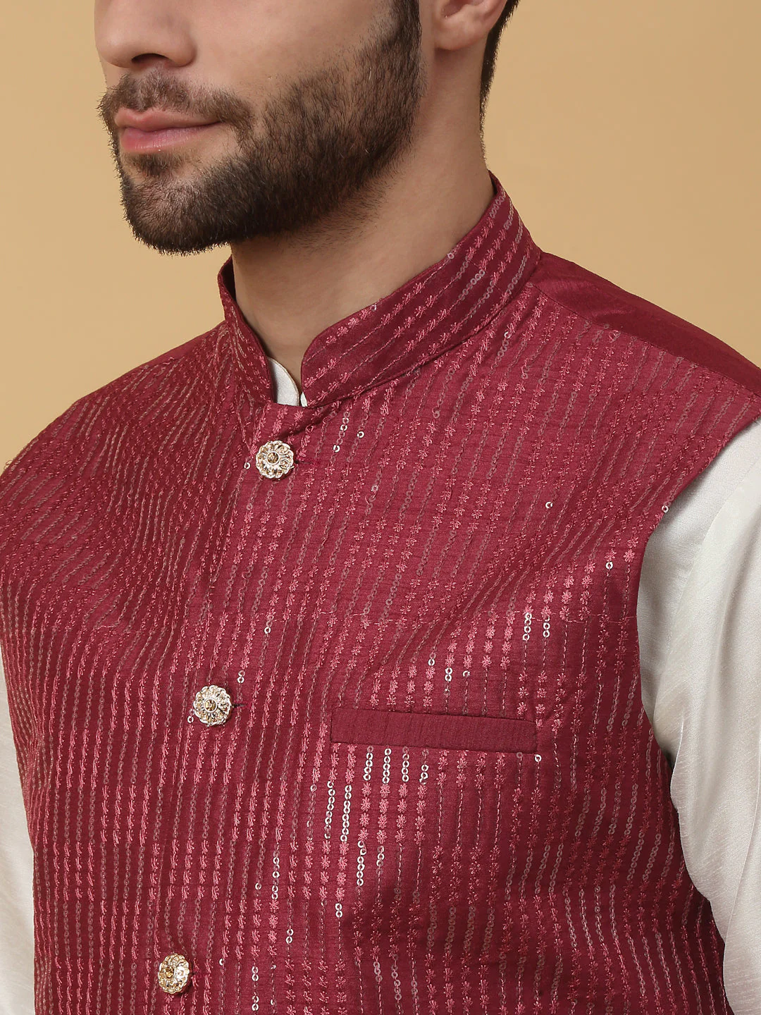 KRAFT INDIA Men's Silk Blend Cream Kurta, Churidar with Cotton Silk Sequenced Embroided Nehru Jacket Set - Image 13