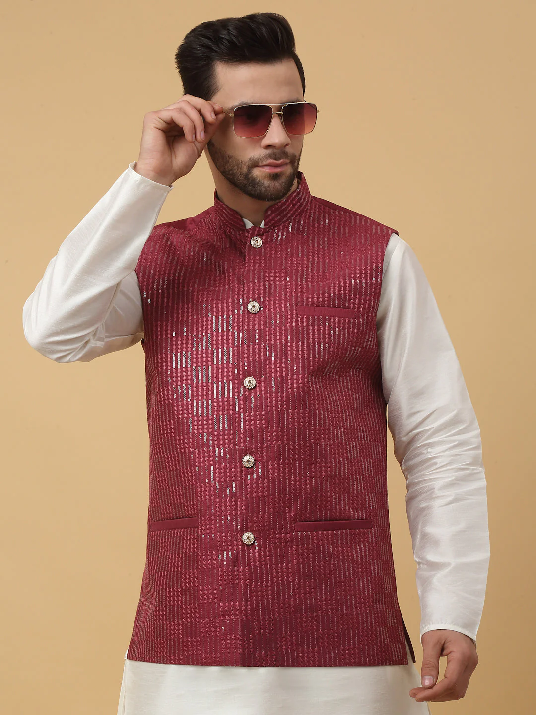KRAFT INDIA Men's Silk Blend Cream Kurta, Churidar with Cotton Silk Sequenced Embroided Nehru Jacket Set - Image 15