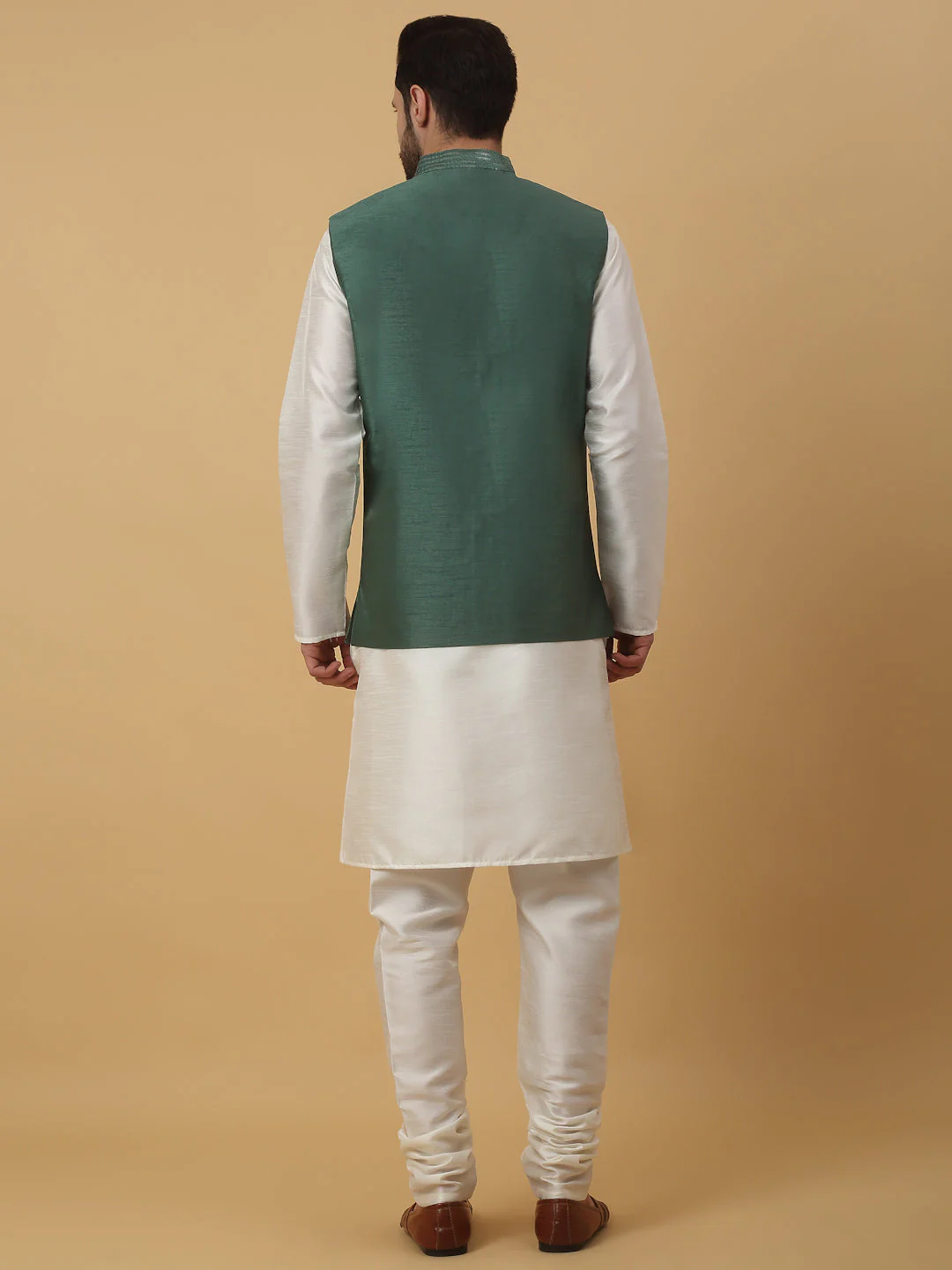 KRAFT INDIA Men's Silk Blend Cream Kurta, Churidar with Cotton Silk Sequenced Embroided Nehru Jacket Set - Image 2