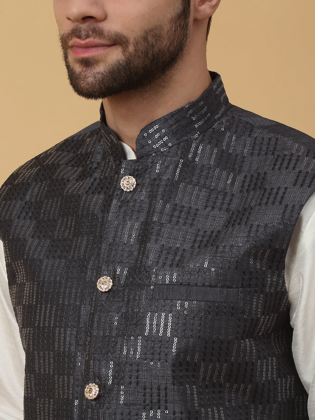 KRAFT INDIA Men's Silk Blend Cream Kurta, Churidar with Cotton Silk Sequenced Embroided Nehru Jacket Set - Image 8