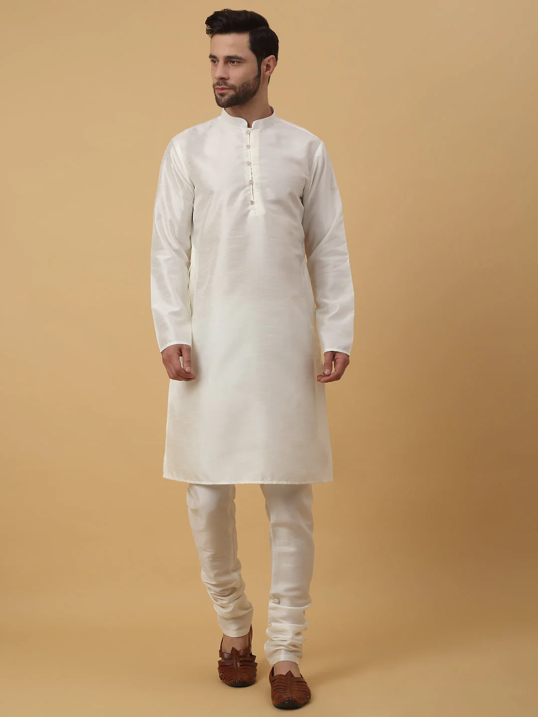 KRAFT INDIA Men's Silk Blend Cream Kurta, Churidar with Cotton Silk Sequenced Embroided Nehru Jacket Set - Image 9