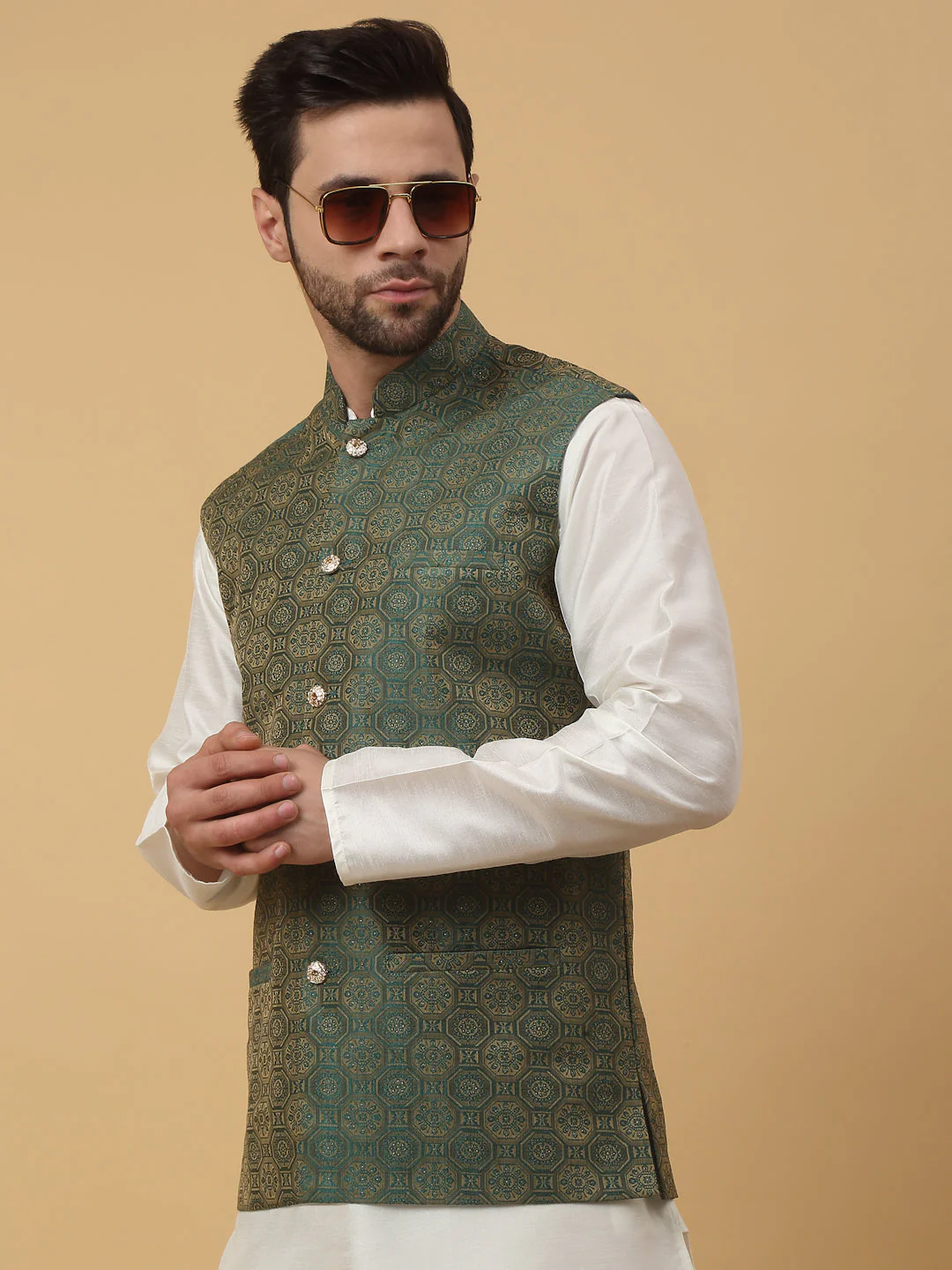 KRAFT INDIA Men's Silk Blend Cream Kurta, Churidar with Jacquard Bandhani Silk Blend Nehru Jacket Set - Image 10