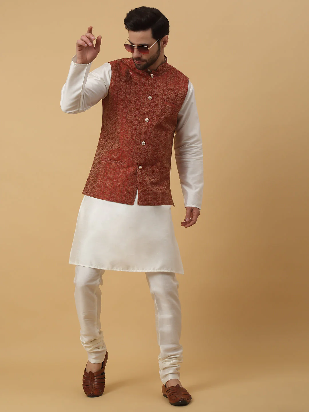 KRAFT INDIA Men's Silk Blend Cream Kurta, Churidar with Jacquard Bandhani Silk Blend Nehru Jacket Set - Image 131