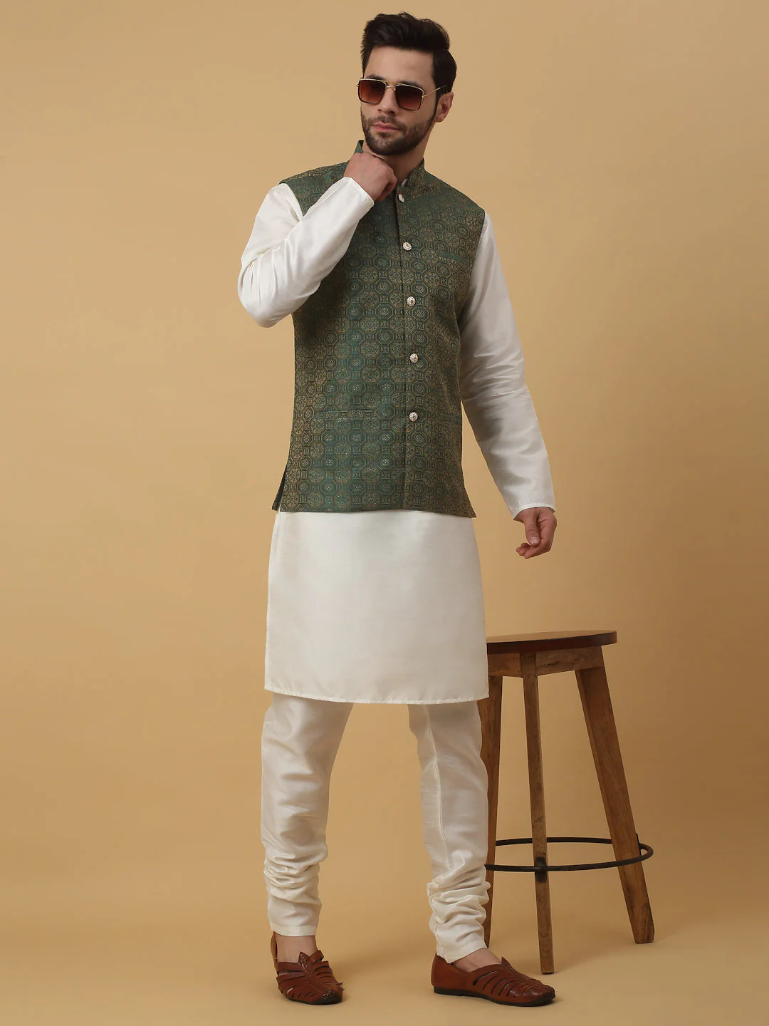 KRAFT INDIA Men's Silk Blend Cream Kurta, Churidar with Jacquard Bandhani Silk Blend Nehru Jacket Set - Image 202