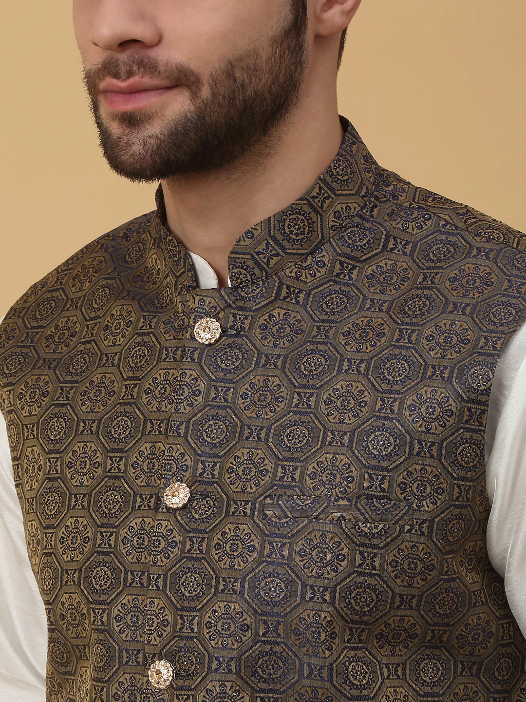 KRAFT INDIA Men's Silk Blend Cream Kurta, Churidar with Jacquard Bandhani Silk Blend Nehru Jacket Set - Image 3