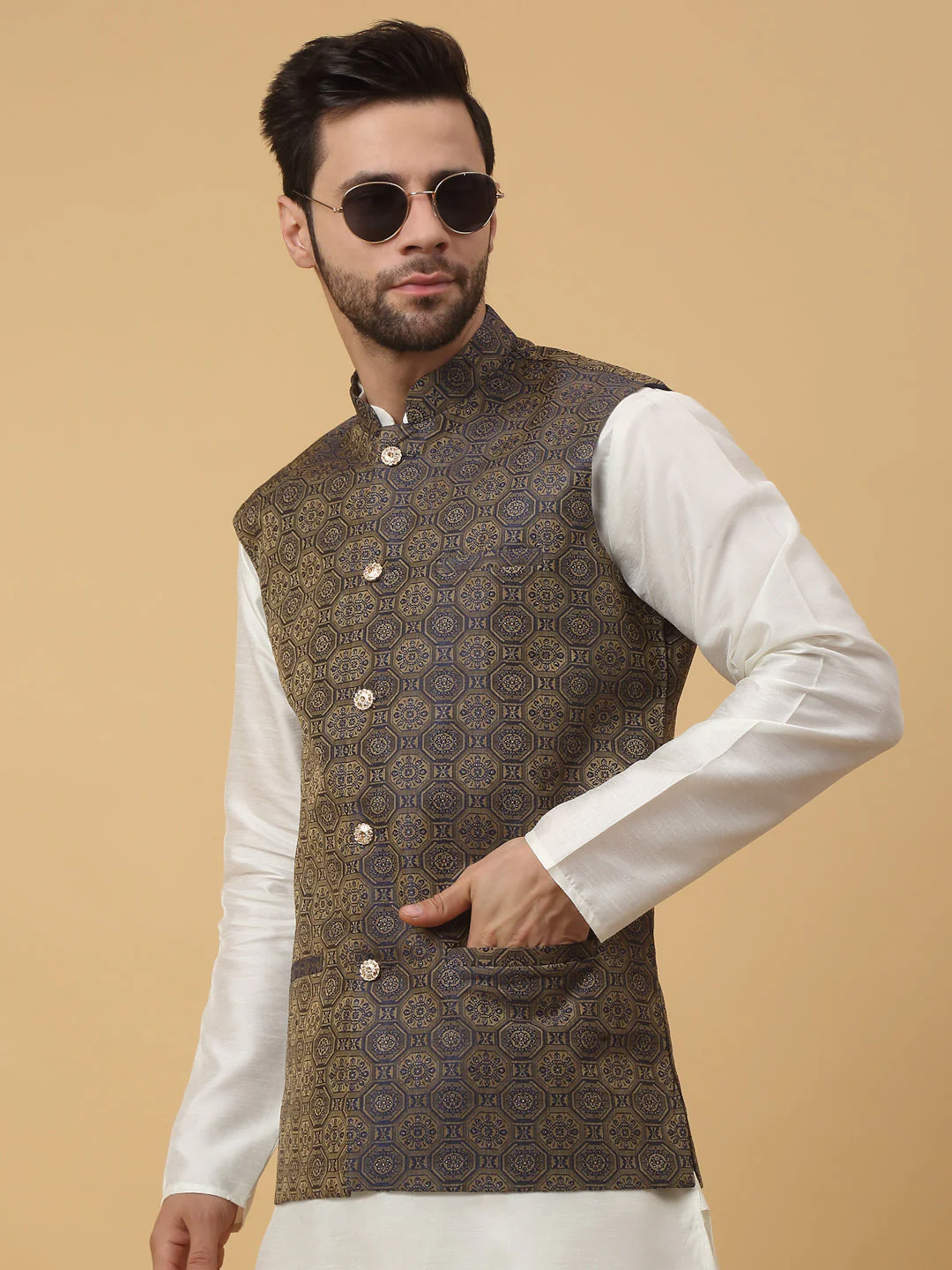 KRAFT INDIA Men's Silk Blend Cream Kurta, Churidar with Jacquard Bandhani Silk Blend Nehru Jacket Set - Image 5