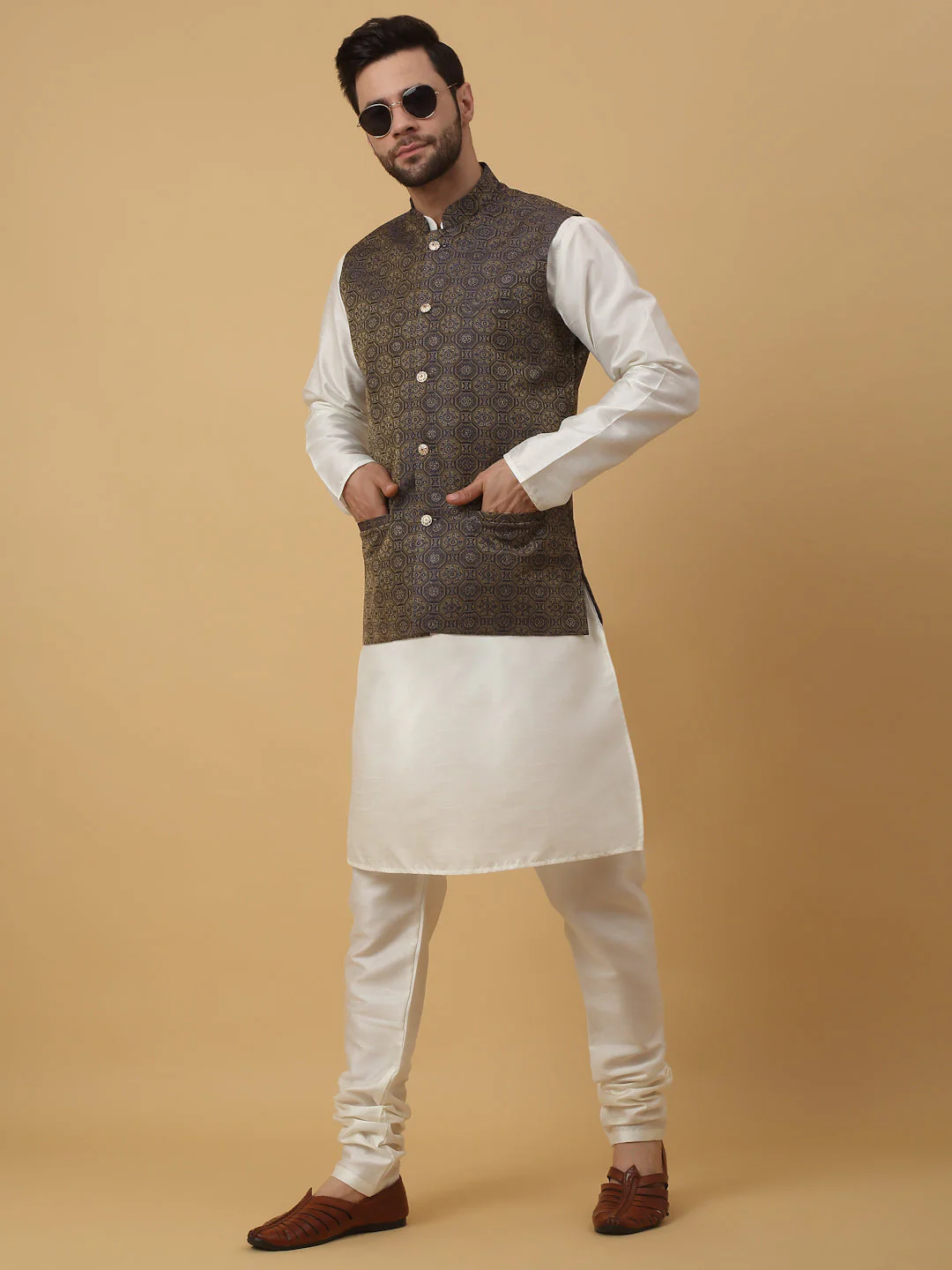 KRAFT INDIA Men's Silk Blend Cream Kurta, Churidar with Jacquard Bandhani Silk Blend Nehru Jacket Set - Image 77