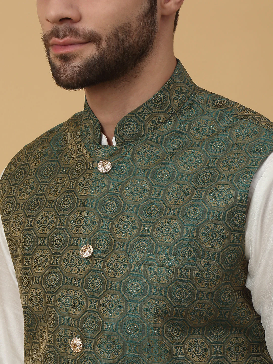 KRAFT INDIA Men's Silk Blend Cream Kurta, Churidar with Jacquard Bandhani Silk Blend Nehru Jacket Set - Image 8