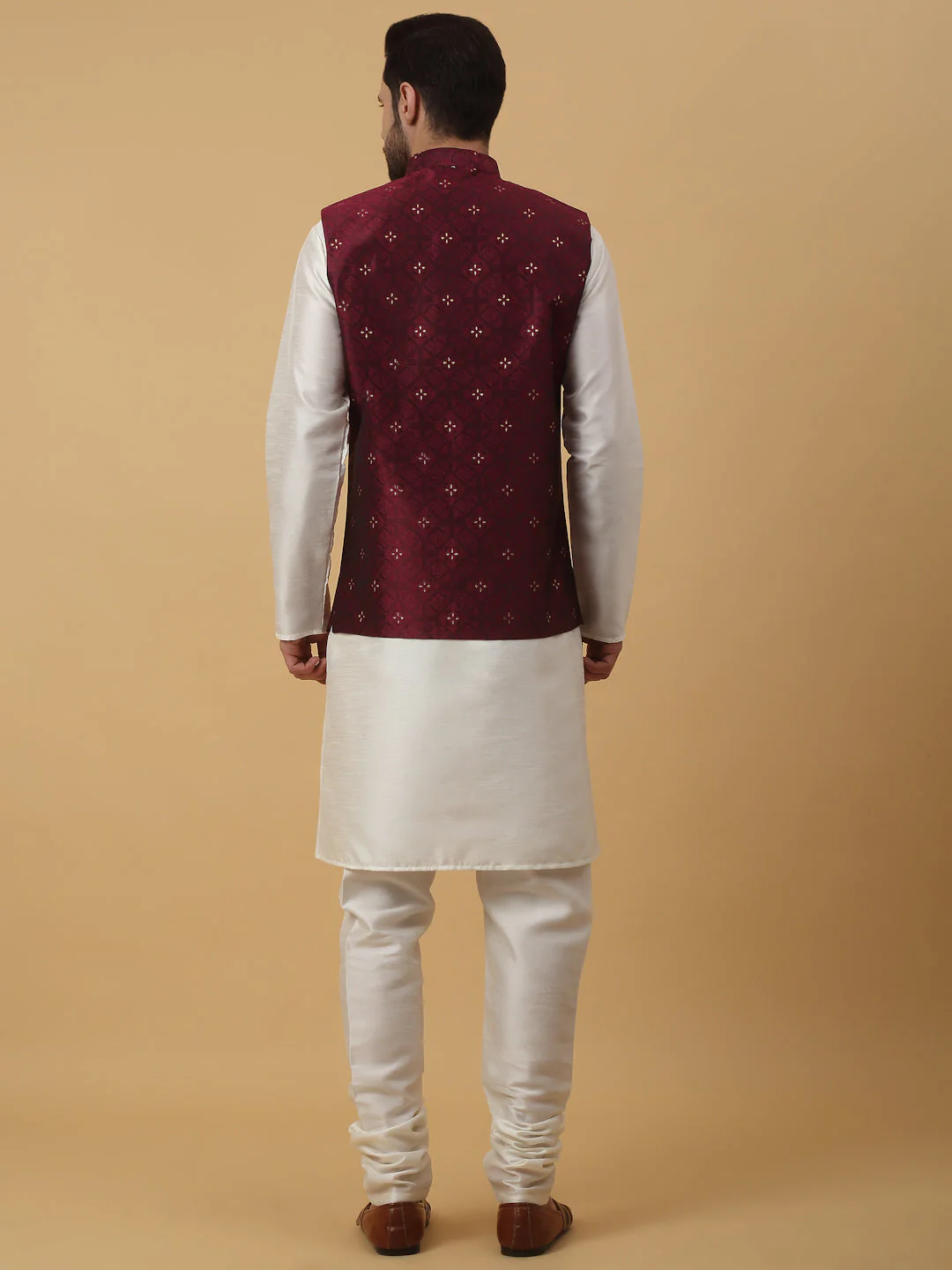 KRAFT INDIA Men's Silk Blend Cream Kurta, Churidar with Jacquard Silk Blend Floral Nehru Jacket Set - Image 12