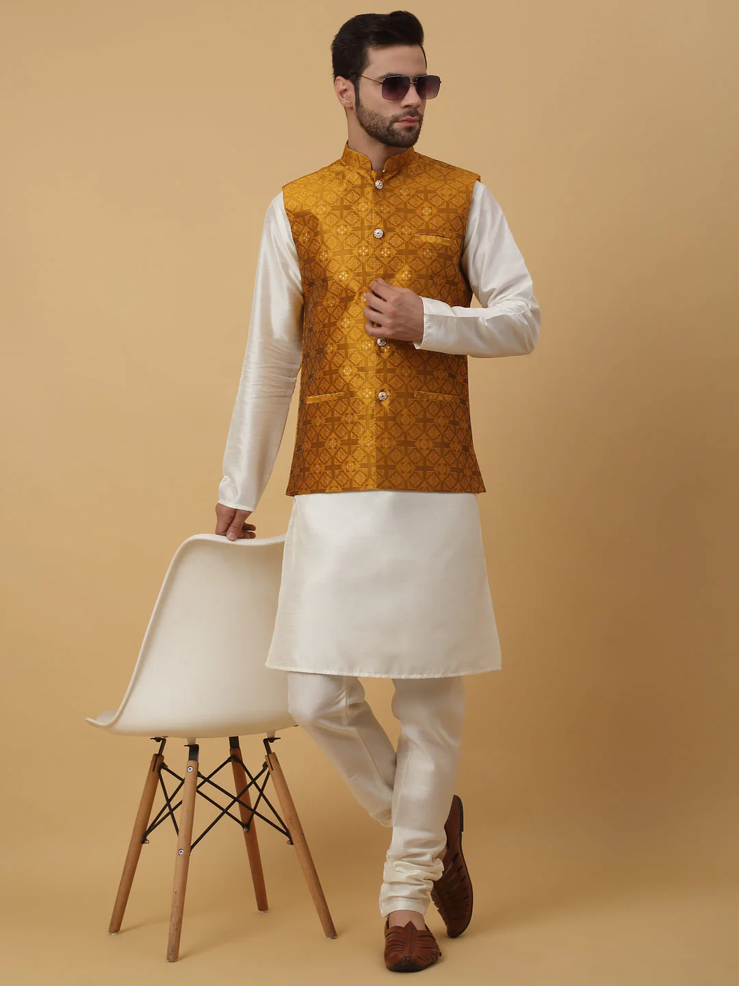 KRAFT INDIA Men's Silk Blend Cream Kurta, Churidar with Jacquard Silk Blend Floral Nehru Jacket Set - Image 123