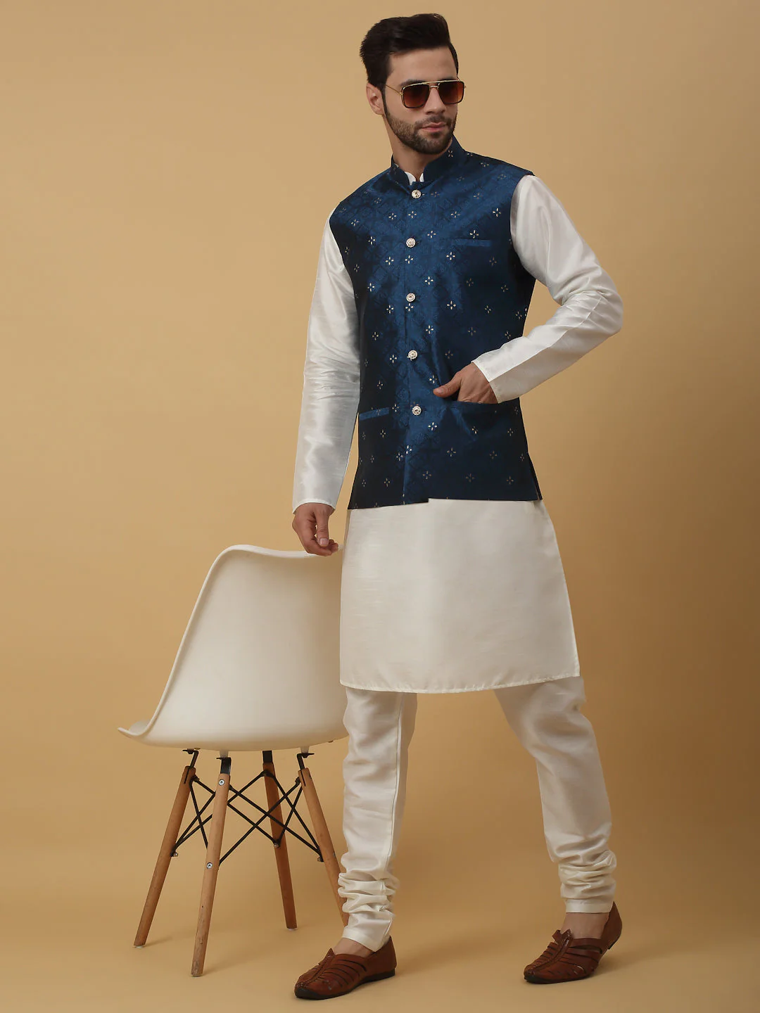 KRAFT INDIA Men's Silk Blend Cream Kurta, Churidar with Jacquard Silk Blend Floral Nehru Jacket Set - Image 145