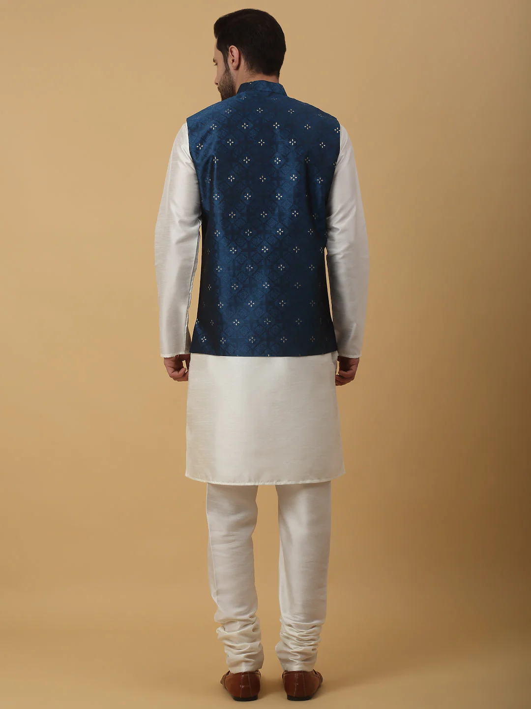 KRAFT INDIA Men's Silk Blend Cream Kurta, Churidar with Jacquard Silk Blend Floral Nehru Jacket Set - Image 2