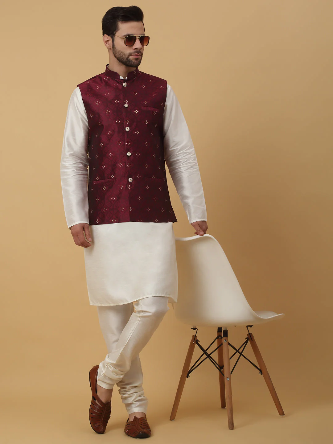 KRAFT INDIA Men's Silk Blend Cream Kurta, Churidar with Jacquard Silk Blend Floral Nehru Jacket Set - Image 216