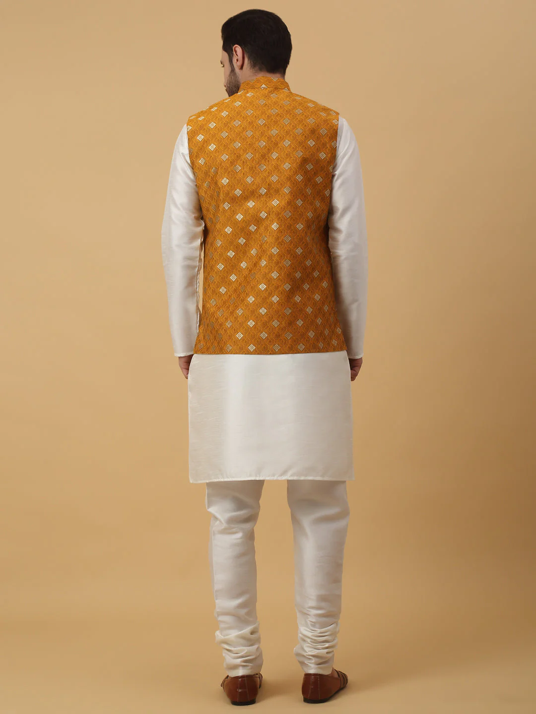 KRAFT INDIA Men's Silk Blend Cream Kurta, Churidar with Jacquard Silk Blend Floral Print Nehru Jacket Set - Image 10