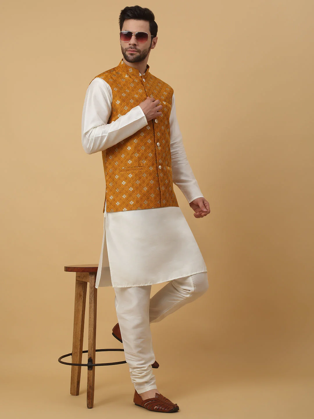 KRAFT INDIA Men's Silk Blend Cream Kurta, Churidar with Jacquard Silk Blend Floral Print Nehru Jacket Set - Image 15
