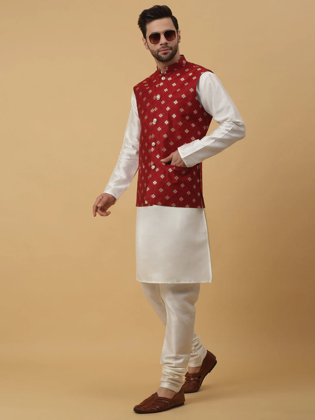 KRAFT INDIA Men's Silk Blend Cream Kurta, Churidar with Jacquard Silk Blend Floral Print Nehru Jacket Set - Image 193