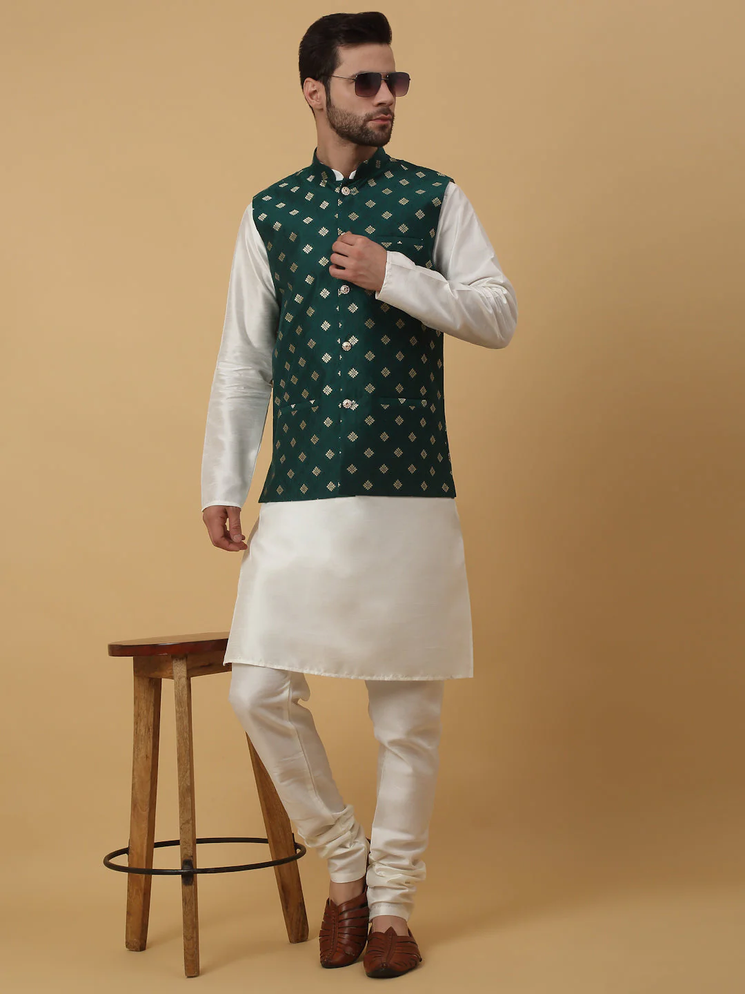 KRAFT INDIA Men's Silk Blend Cream Kurta, Churidar with Jacquard Silk Blend Floral Print Nehru Jacket Set - Image 34