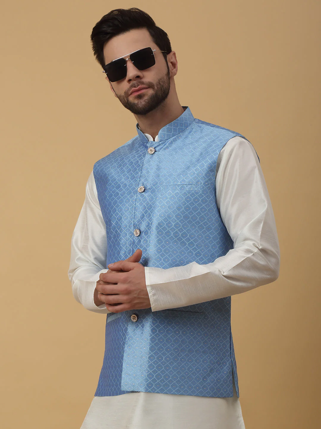 KRAFT INDIA Men's Silk Blend Cream Kurta, Churidar With Silk Blend Geometric Nehru Jacket set - Image 10