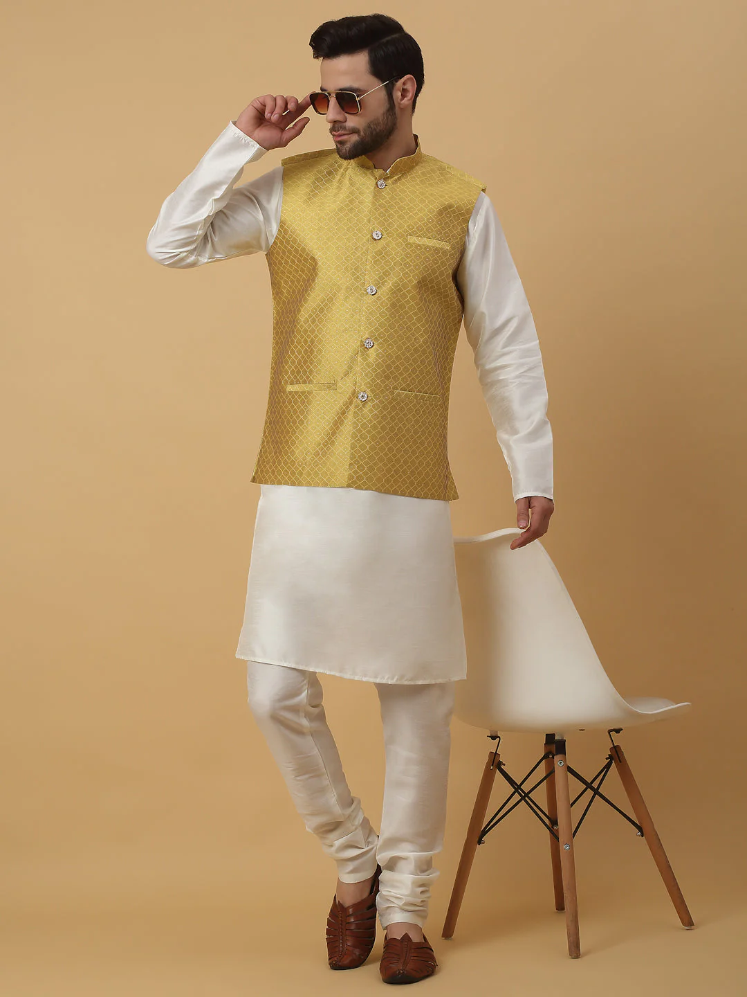 KRAFT INDIA Men's Silk Blend Cream Kurta, Churidar With Silk Blend Geometric Nehru Jacket set - Image 163