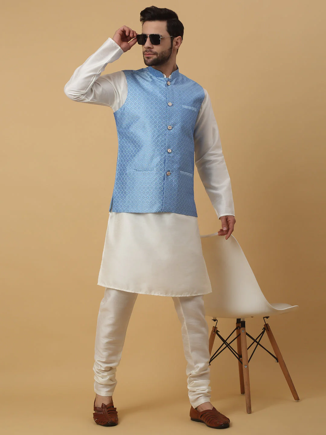 KRAFT INDIA Men's Silk Blend Cream Kurta, Churidar With Silk Blend Geometric Nehru Jacket set - Image 191