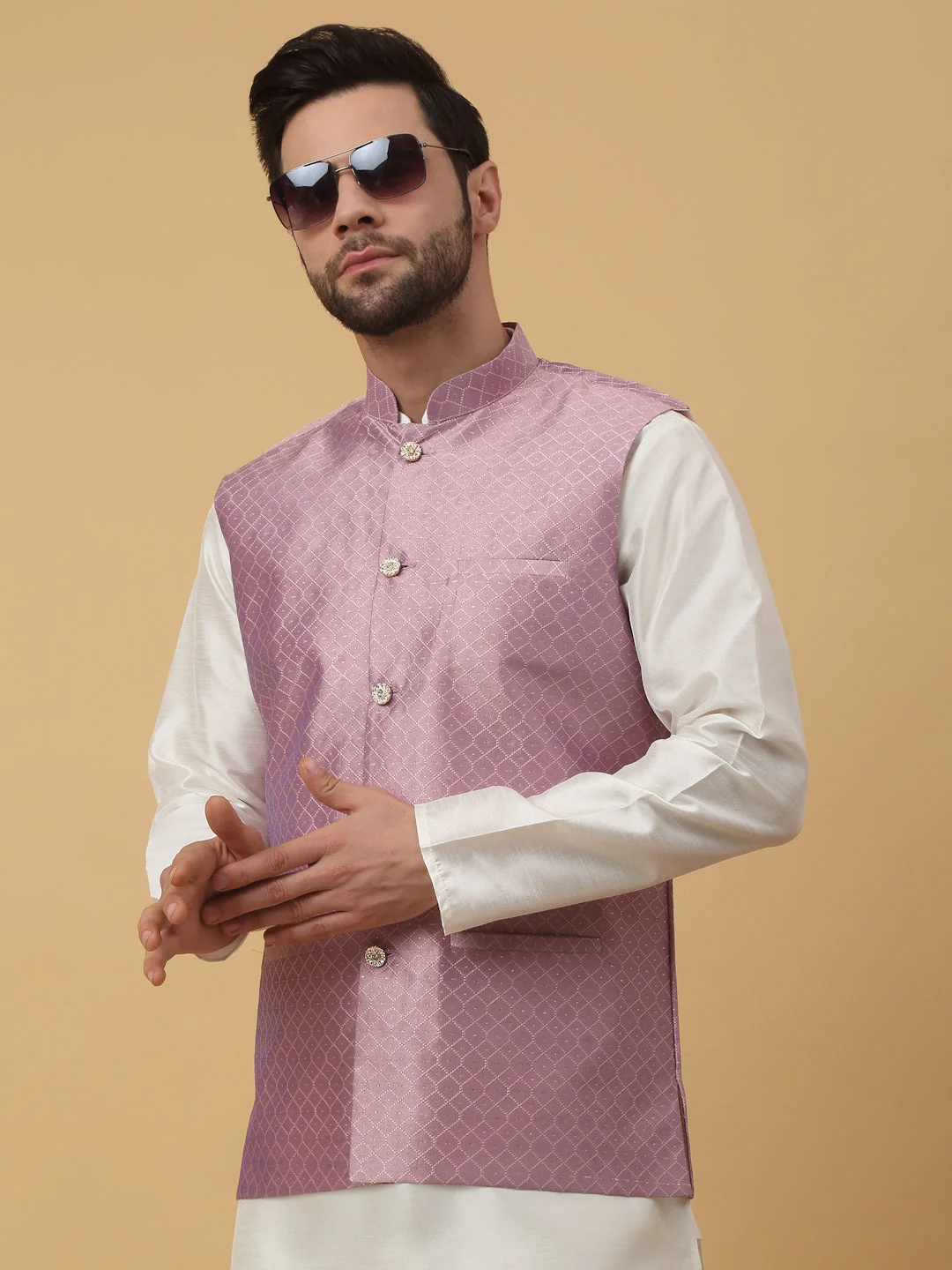 KRAFT INDIA Men's Silk Blend Cream Kurta, Churidar With Silk Blend Geometric Nehru Jacket set - Image 5