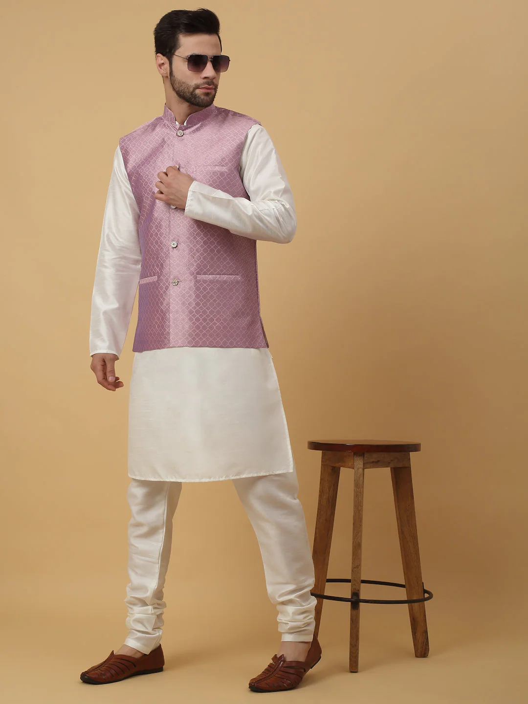 KRAFT INDIA Men's Silk Blend Cream Kurta, Churidar With Silk Blend Geometric Nehru Jacket set - Image 74