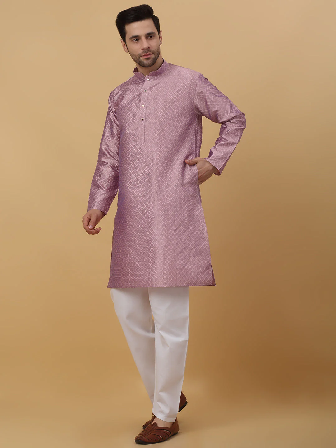 KRAFT INDIA Men's Silk Blend Geometric Jacquard Kurta Only - Image 10