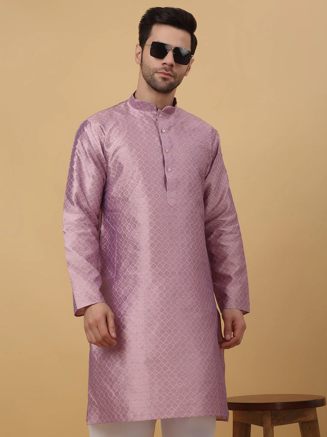 KRAFT INDIA Men's Silk Blend Geometric Jacquard Kurta Only - Image 22