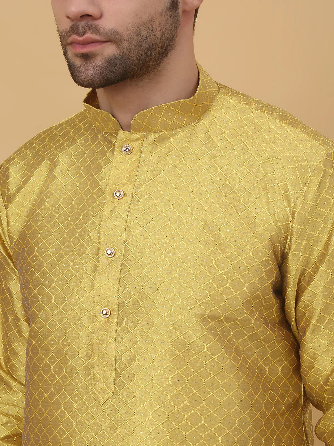 KRAFT INDIA Men's Silk Blend Geometric Jacquard Kurta With White Elastic Waistband Pyjama Set - Image 12