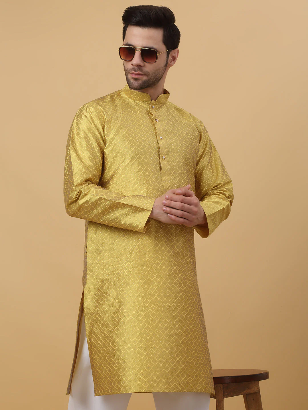KRAFT INDIA Men's Silk Blend Geometric Jacquard Kurta With White Elastic Waistband Pyjama Set - Image 13