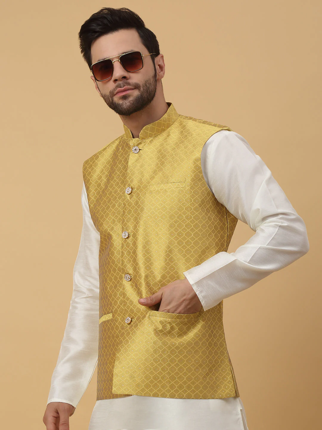 KRAFT INDIA Men's Silk Blend Geometric Sleeveless Jacquard Nehru Jacket - Image 11