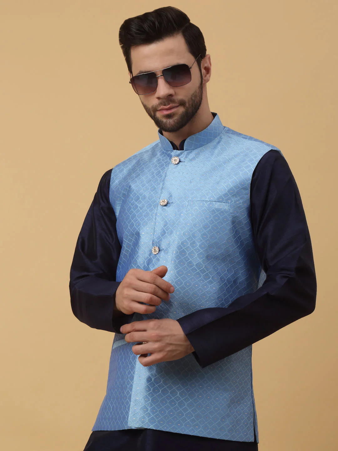 KRAFT INDIA Men's Silk Blend Geometric Sleeveless Jacquard Nehru Jacket - Image 34
